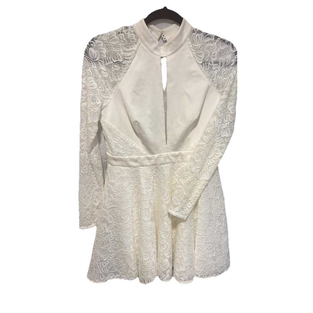 BEBE Lace Womens Long Sleeve Mini Dress White sz S Peekaboo Open Back Zipper